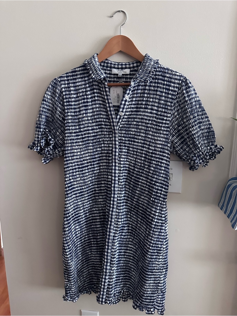 Jason Wu x RTR Gingham-Textured Navy and White Short Sleeve Dress - Picture 10 of 14